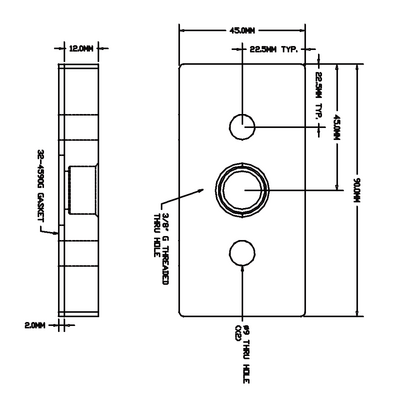 32-459038G-1SS MODULAR SOLUTIONS PNEUMATIC PLATE 45MM X 90MM WITH GASKET 3/8 G THREADED CENTER THRU HOLE